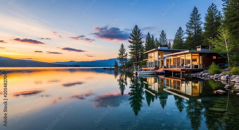 Obraz premium Tranquil lakeside home with sunset reflection and natural landscape