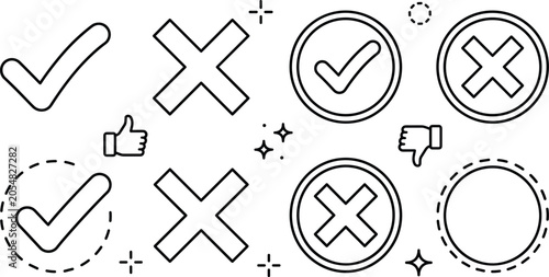 Foto Check mark and cross icon line set checkmark cancel validation vector illustrati