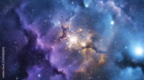 Colorful space nebula with glowing stars and clouds in a deep blue and purple galaxy, creating a dreamy cosmic background