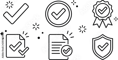 Fényképezés Checkmark vector icon set featuring check marks quality badge document validatio