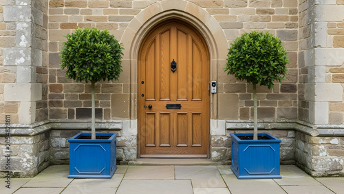 A wooden door with blue planters and trees on either side outside a stone building
