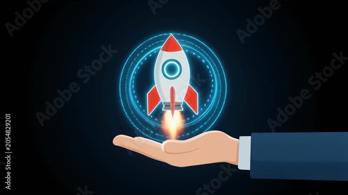 A hand holding a small rocket launching upward, with glowing blue light on a dark background, symbolizing startup growth and success.