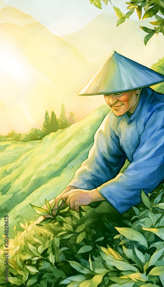 Fototapeta premium Serene Asian farmer harvests tea amidst golden light a tranquil hillside landscape portrait
