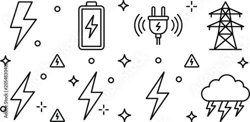 Electricity power line icons vector set for energy battery plug lightning tower storm electronic charging industry utility technology