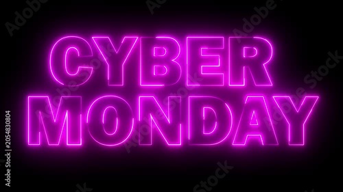 Neon CYBER MONDAY text icon animation glowing pink color business poster template signboard alphabet font letter word banner sign seamless light effect footage on black background