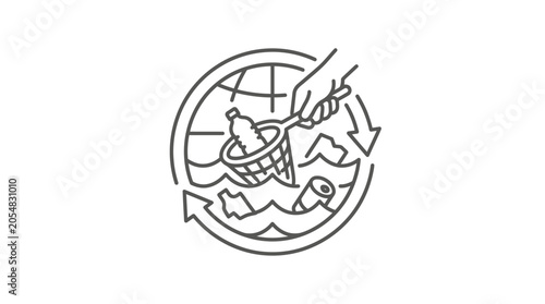 Global ocean cleaning icon removing plastic with net