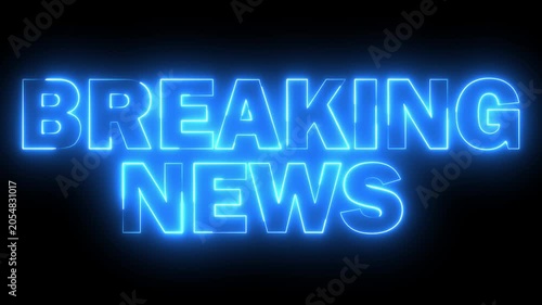 Neon  BREAKING NEWS text icon animation glowing blue color business poster template signboard alphabet font letter word banner sign seamless light effect footage on black background