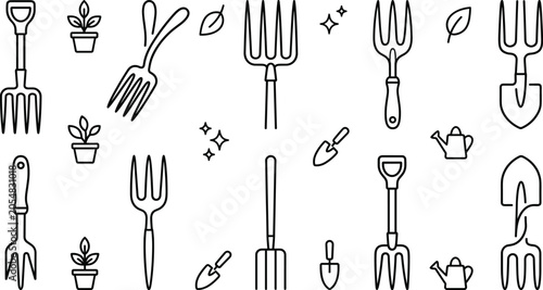 Bild auf Leinwand Gardening tools pitchfork rake trowel icon set black linear vector icons collect