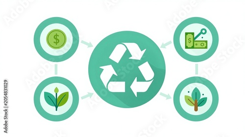 Recycling symbol in center with icons of money, plant, and leaves around it