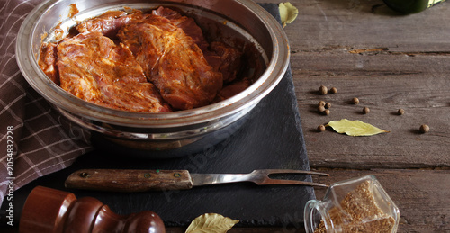 Принти на полотні raw pork neck marinated with spices