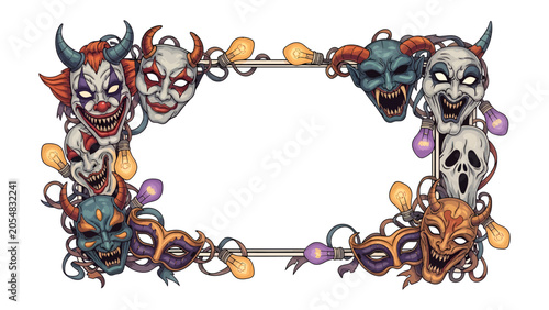 Fotografie Horror Carnival Mask Border: A macabre border frame adorned with a collection of terrifying masks including clowns, devils, and screaming faces, interspersed with glowing bulbs