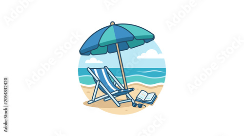 A striped beach chair under a blue umbrella with an open book on the sand.