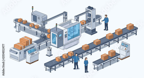 Modern automated factory interior with workers managing an assembly line with conveyor belts and robotic arms for packaging boxes.