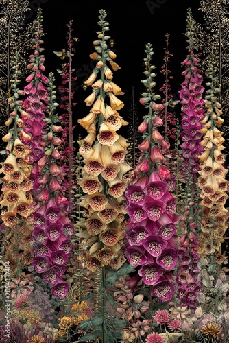 Vertical stack of blooming foxgloves with mining bees burrowing stems, fairy-tale forest floor, intricate bell shapes