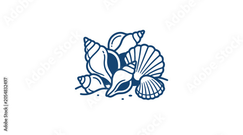 A collection of various sea shells illustrated in a simple blue line art style.