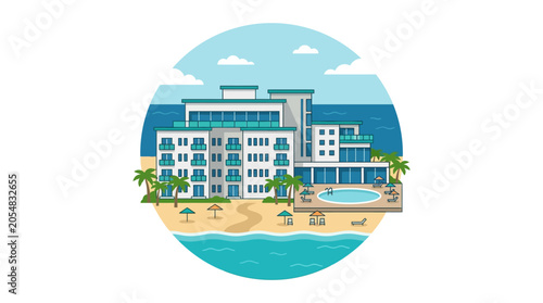 Modern beachfront resort hotel with swimming pool and palm trees.