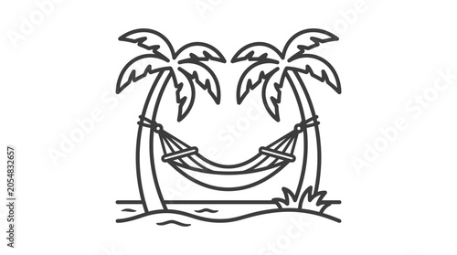 A simple black and white line art illustration of a hammock hanging between two palm trees on a beach.