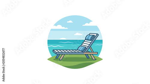 A blue striped beach lounge chair sitting on a grassy patch.