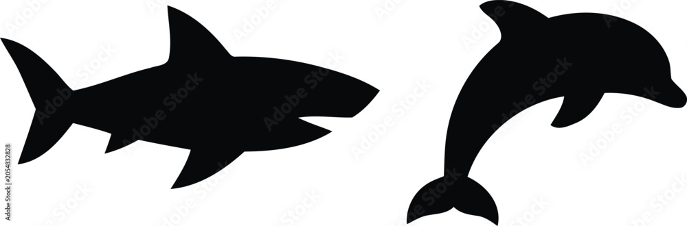 Fototapeta premium Shark And Dolphin Silhouettes Black Shapes Against A White Background For Graphic Design aquatic animal body