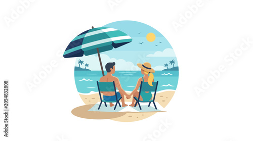 A couple sitting in beach chairs holding hands under a striped umbrella.