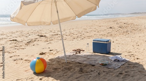 Large beige beach umbrella shading a colorful ball and picnic items on the sandy shore