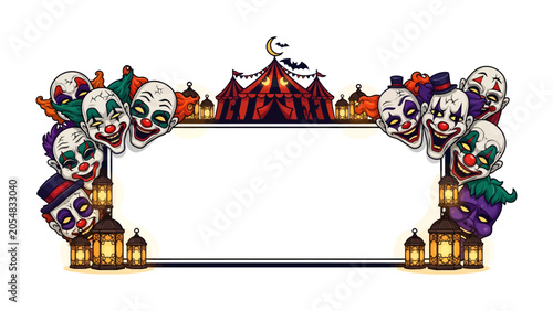 Photos Creepy Carnival Frame: A sinister yet captivating border featuring an array of unsettling clown faces, a vintage circus tent, and flickering lanterns, designed to frame a message of fright and wonder
