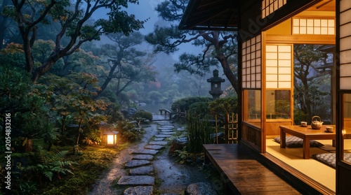 Traditional japanese house with tea room overlooking a misty garden