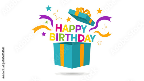 Birthday Surprise: A vibrant illustration of a gift box bursting open with colorful confetti, streamers, and stars, announcing Happy Birthday with joyful energy and festive delight.
