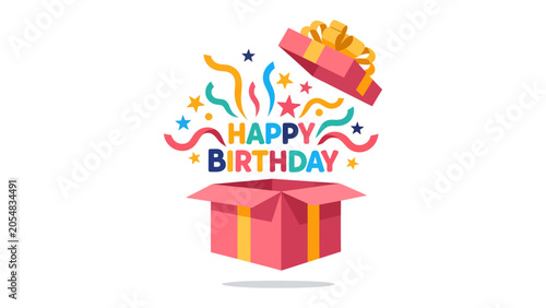 Εκτύπωση καμβά Explosion of Joy: A vibrant illustration of an open gift box, erupting with confetti, streamers, and stars, proclaiming Happy Birthday in a celebratory burst
