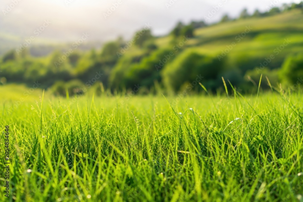 Fototapeta premium A low angle shot of lush green grass in the foreground with a selective focus. In the blurred background, green hills, trees, and soft morning sunlight create a beautiful summer landscape.