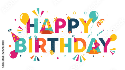 Tableau sur toile Colorful Happy Birthday Greeting Card: A vibrant and festive illustration wishing a happy birthday, adorned with balloons, party hats, confetti, and streamers, bursting with celebratory cheer