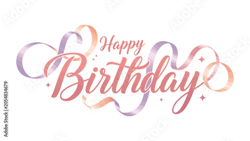 Fotografía Happy Birthday Elegant Script with Ribbons: A beautifully rendered Happy Birthday text in elegant rose gold script, adorned with flowing ribbons in pastel hues and shimmering stars