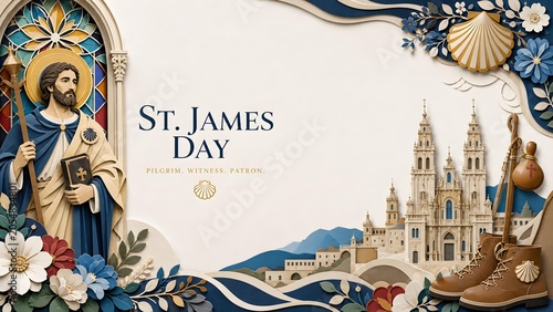 Saint James The Apostle Portrait With Cathedral And Floral Border Banner Background