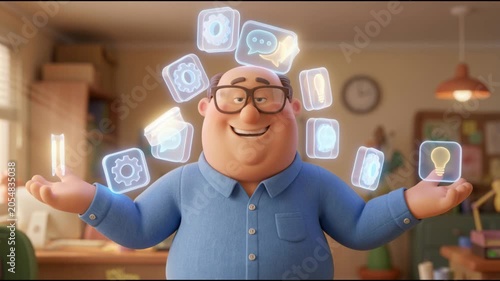 Animated male character with digital icons in bright interior