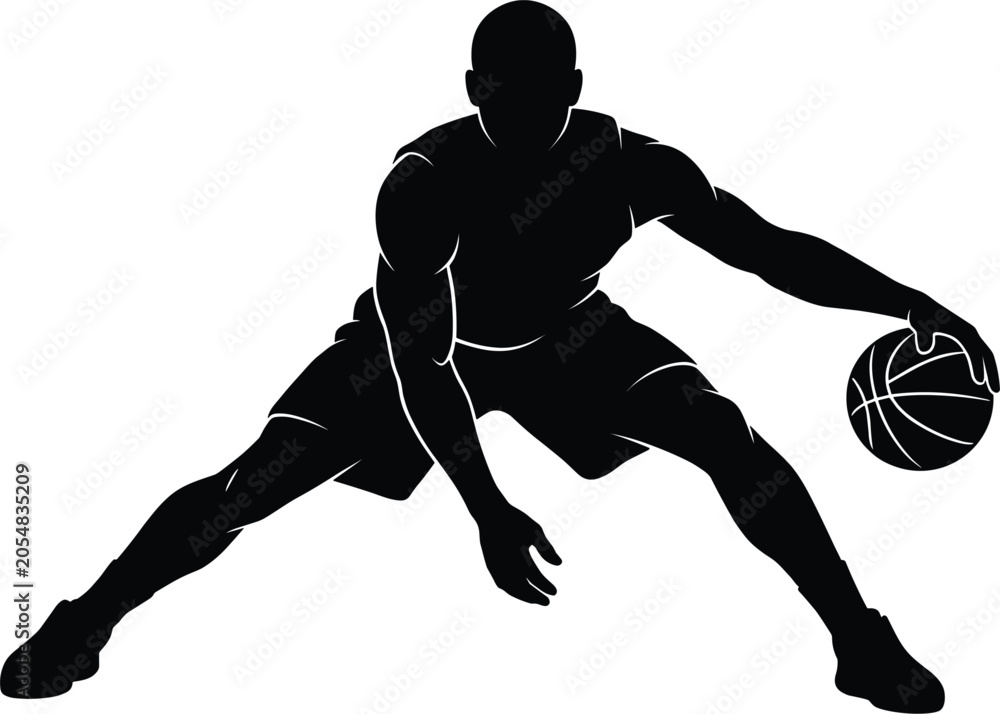 Obraz premium Professional basketball player dynamic dribbling ball low stance action black silhouette vector illustration isolated on white background.eps