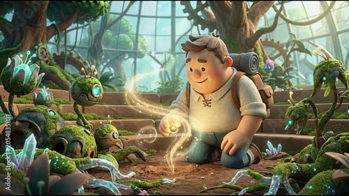 Animated man interacts with botanical machine life in lush environment