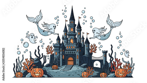 Tableau sur toile Underwater Halloween Castle: A spooky Halloween scene unfolds beneath the waves, featuring a dark, imposing castle surrounded by playful ghosts, mermaids, and carved pumpkins