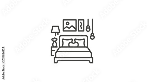 Modern bedroom interior with bed and art line art.