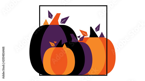 Obraz na płótnie Harvest Delight: A trio of vibrant pumpkins, in shades of orange and purple, are nestled together within a minimalist frame, adorned with autumn leaves, evoking the spirit of the harvest season