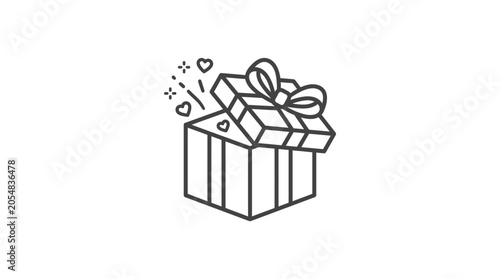 Open gift box with floating hearts line art.