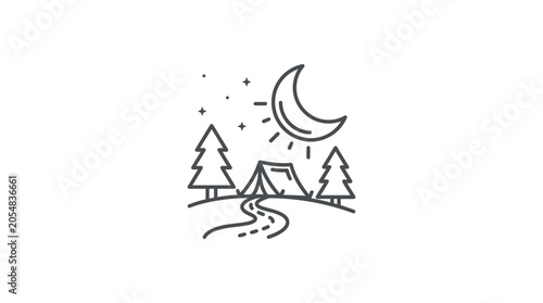 Tent camping site by a river under the moon.