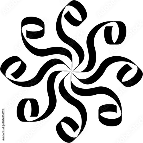 Photos Seven twisted ribbon arms curl outward from a pinwheel center, looping gracefully into scrolled ends with fluid, hypnotic black-and-white rotational elegance