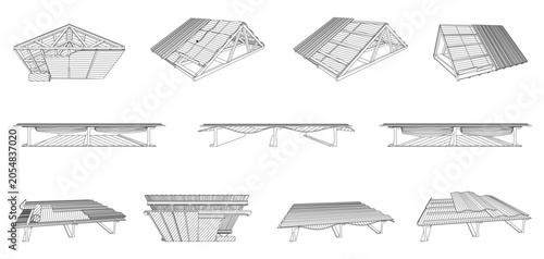 Photography Industrial roof construction vector set featuring various structural timber frame stages and finishing details
