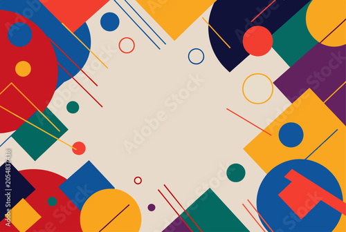 Modern playful background combining vibrant circles and geometric square frames