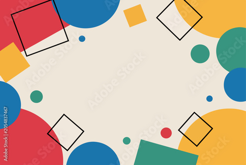Colorful geometric pattern background featuring circles and squares in playful arrangement