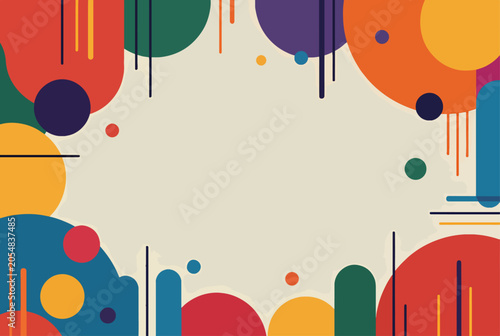 Modern geometric background with colorful circles and floating square outlines