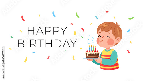 Happy Birthday Celebration: A cheerful boy blows out candles on his birthday cake, surrounded by colorful confetti and the message HAPPY BIRTHDAY, creating a festive and joyful atmosphere.
