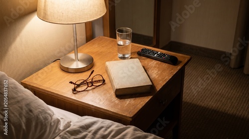 Valokuva Old hardback book resting on a wooden nightstand with glasses and a water glass