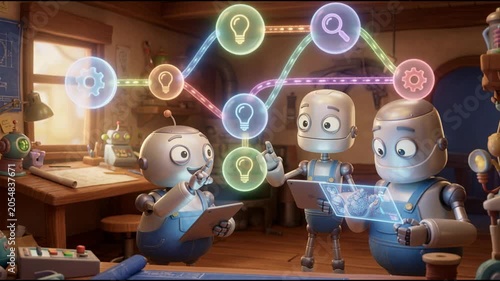 Animated robots collaborating in a workshop with glowing symbols