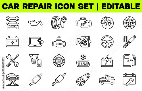 Car Repair and Maintenance Icon Set. Auto Service, Inspection and Mechanical Parts Outline Editable Stroke Vector Illustration
